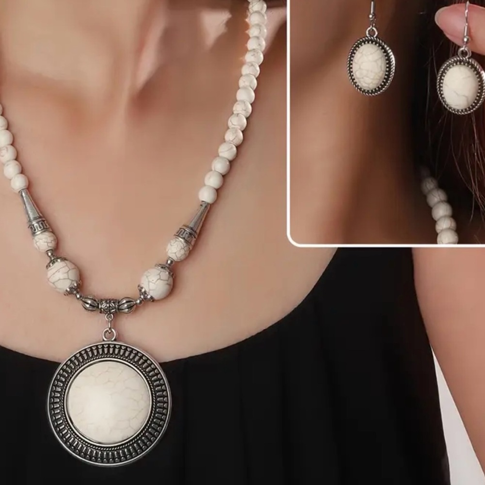 New, Boho Silver and Cream Natural Stone Necklace and earring set.